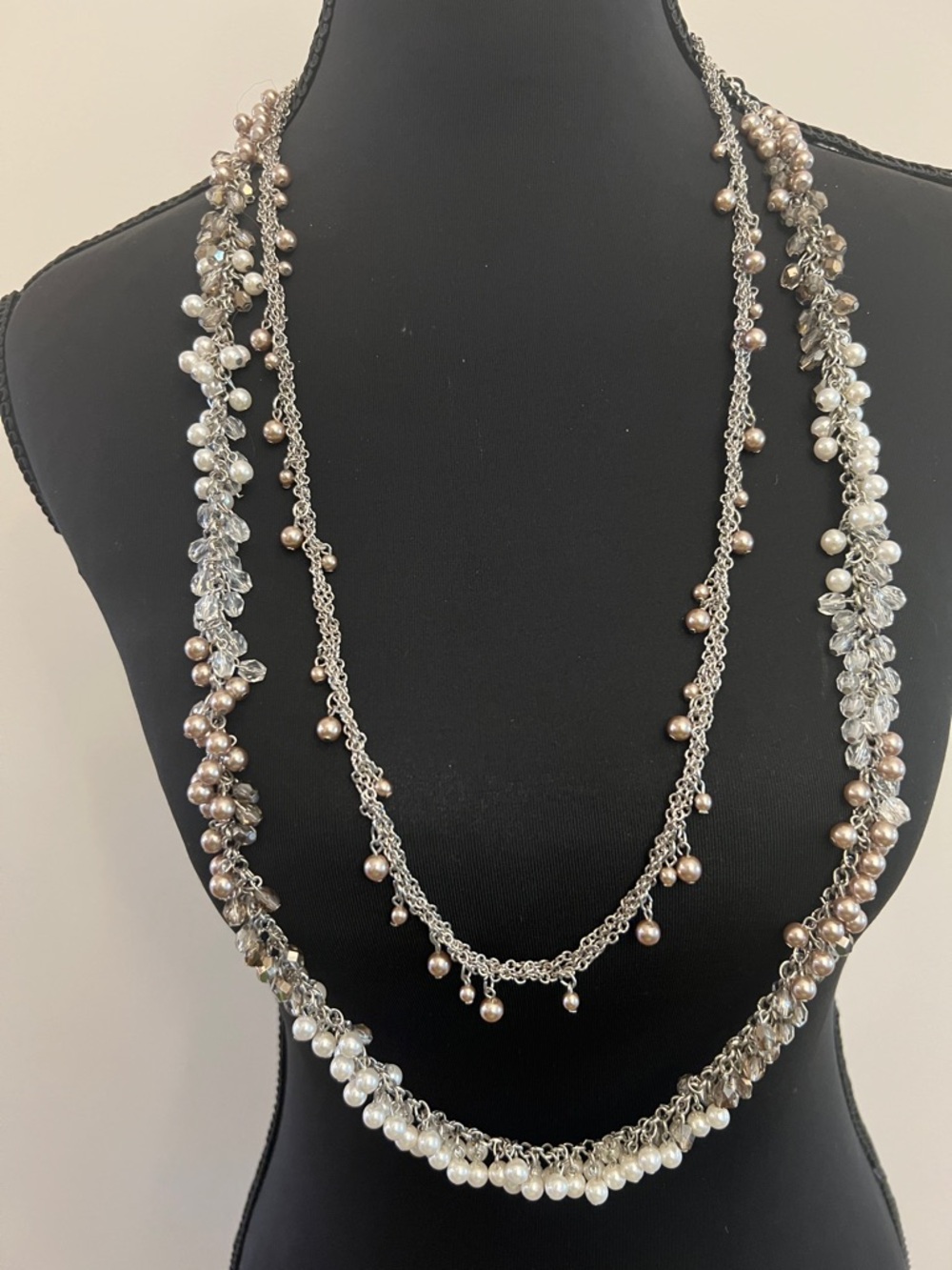 Double-Strand Pearl & Crystal Necklace - Silver and Champagne Pearls